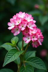Fototapeta premium Large showy pink and white pentas blooms on a stem, foliage, botanical