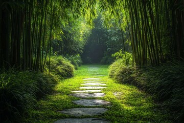 Obraz premium Peaceful bamboo forest pathway with sunlight filtering through leaves