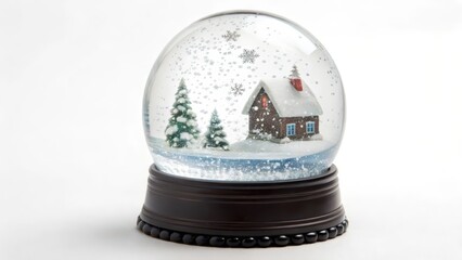 Snow Globe with House and Trees on White Background
