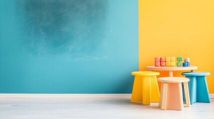 Colorful kids room interior with modern stools and art supplies on table. Two tone turquoise and yellow wall background with white floor. Contemporary minimal design for classroom or playroom