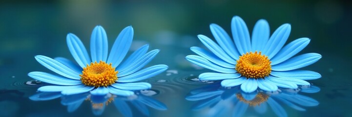Naklejka premium Large blue daisies in a shallow pool of water, water, scenery, bloom