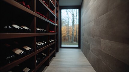 Modern wine storage room with wooden shelves and window view to autumn forest. Luxury basement cellar interior with bottles collection, grey walls and hardwood floor