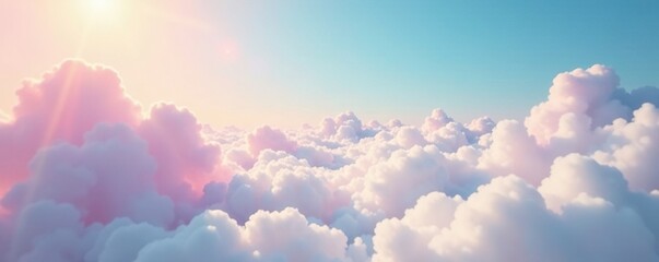 Soft pastel colors blend into fluffy white clouds, pastel rainbow, serene atmosphere,