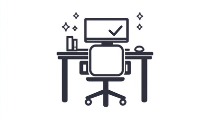 Clean workspace, computer, office chair, task complete. Productivity concept