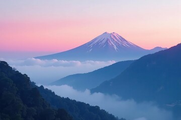 Fototapeta premium Soft pink clouds rise above Alishan mountain peak, sky, misty