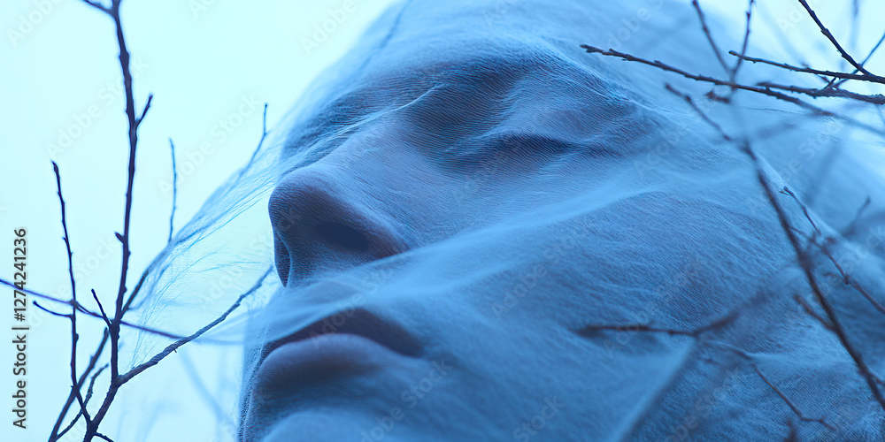 Poster close-up of face partially covered by sheer fabric with branches
