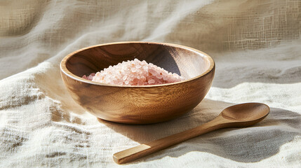 Wooden bowl filled with pink salt crystals, beside a wooden spoon on a textured light surface.