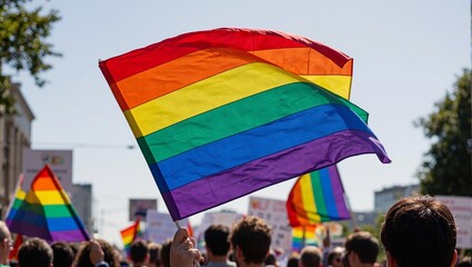 Pride flag at peaceful protest for LGBTQ rights