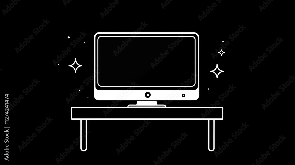 Poster simple outline of a computer monitor on a table. use for tech background, education