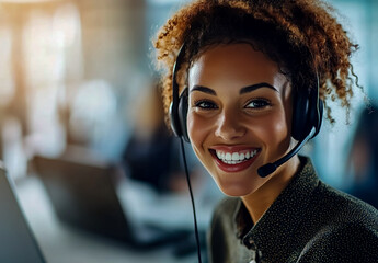 Happy female customer service agent at work with laptop and headset in office, telecommuting concept.