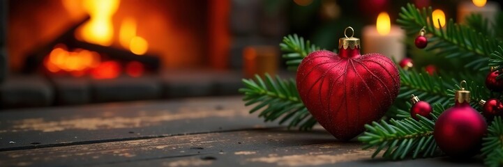 Red heart shaped ornament on a dark wooden table with glowing fireplace, light, Christmas, fire