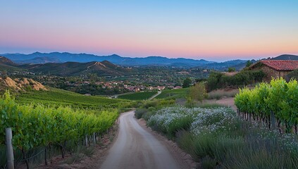 Naklejka premium A picturesque vineyard landscape with rolling hills, lush green grapevines, and a winding dirt road