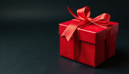 Obraz premium Red gift box with white and red ribbon on black background, holiday, box, festive