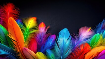 Obraz premium Vibrant and colorful feathers contrasting against a dark backdrop, bright, feathers, abstract, composition, colors, vibrant