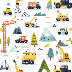 Fototapeta premium Joyful Construction Vehicles in Mountainous Landscape Fun Colorful Trucks and Cranes