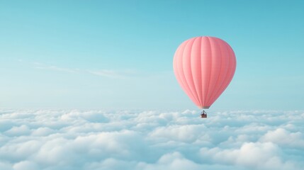 Naklejka premium Pink hot air balloon floating above white fluffy clouds in turquoise sky. Dreamy aerial landscape for adventure travel concept. Beautiful view and copy space