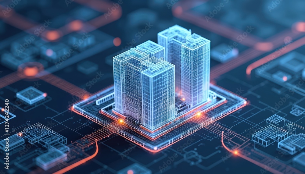 Poster digital building construction information modeling bim concept with 3d model. blueprints, engineerin