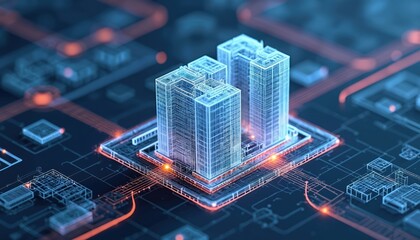 Digital building construction information modeling BIM concept with 3D model. Blueprints, engineering tech, collaboration, design, planning. Virtual datum, innovation, efficiency in building industry