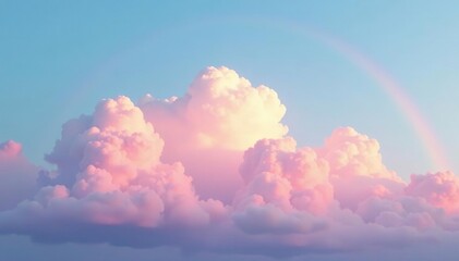 Soft pink clouds against blue sky with pastel rainbow, serene, atmosphere