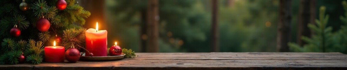 Wooden table and candles next to a small pine tree decorated with ornaments, festive, forest, rustic