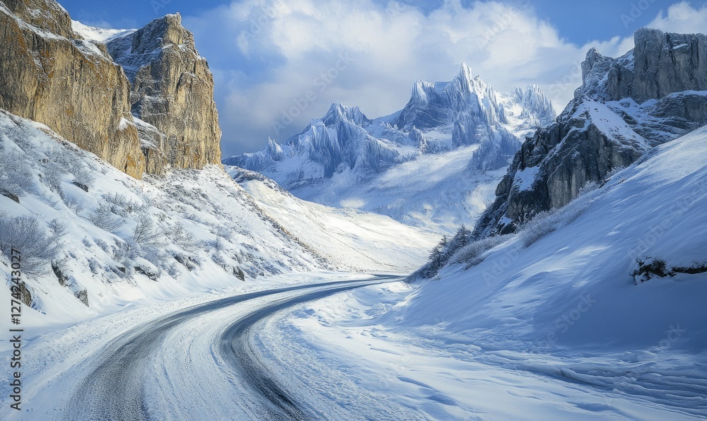 Poster a snowy mountain range with a road running through it