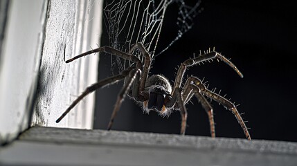 Obraz premium spider making a web in the corner of a dark room, illuminated only by a beam of moonlight filtering through a cracked window. spider, dark room, moonlight, cracked window, web, corner, creepy, 