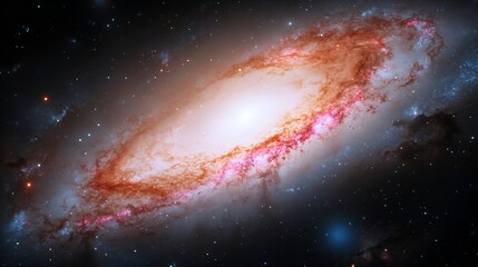 Spiral galaxy in deep space showing cosmic dust and bright stars. Beautiful astronomical photograph of Messier 106 galaxy with pink and orange nebula clouds in universe