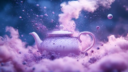 Fototapeta premium Magical teapot floating in dreamy pink clouds with sparkles and bubbles. Fantasy art scene in surreal purple night sky. Creative digital illustration for fairy tale concept