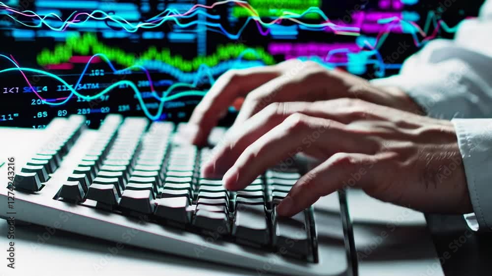 Poster Professional businessman intensely typing on keyboard, financial stock market charts and data analytics displaying on computer screen in dramatic slow motion workplace setting