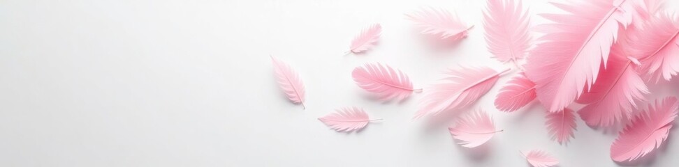 Soft pink feathers scattered on a pristine white background, calm, texture, white