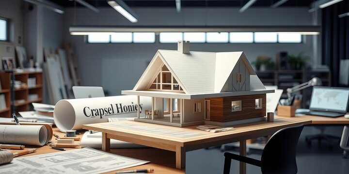 A designer holds a miniature house model over architectural blueprints in a contemporary office setting, emphasizing innovation and creativity, architecture, modern, designer