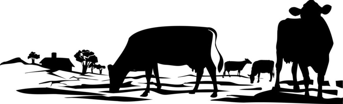 Black and white vector silhouette of a rural landscape with 4 cows grazing in a meadow with a country house in the background with some trees