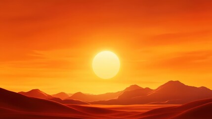 Obraz premium A stunning sunset over rolling hills creates a mesmerizing landscape. The vibrant orange sky reflects the warm glow of the sun, casting shadows across the undulating terrain.