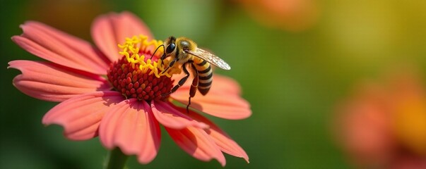 Yellow and black striped bee collecting nectar from a flower, black, stripes