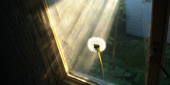 Dandelion Seed Head and Sunlight Through Window Pane