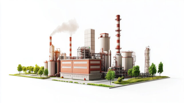 3D illustration of a chemical factory with smokey towers. Conceptual global warming with buildings isolated on white background.