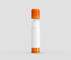 Close-up of an open glue stick with a white body and orange cap. 3d illustration