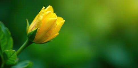 Delicate golden petals unfolding on a stem with intricate alternate leaves, nature, green