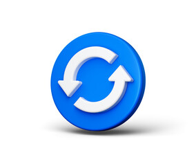 Blue circular button with a white refresh icon featuring two curved arrows, 3d illustration