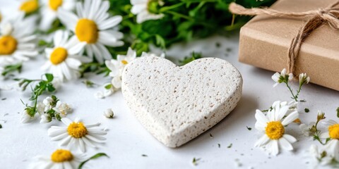 Heart-shaped postcard among flowers, light background. 