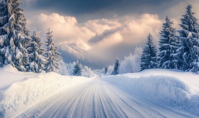 Obraz premium A snowy road with trees in the background