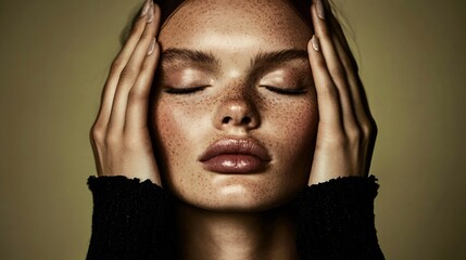 African american woman with freckles and closed eyes doing face massage in artistic beauty portrait. Skin care and wellness concept against beige background