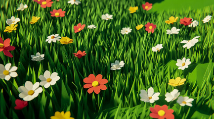 Fototapeta premium Low poly grass field with colorful flowers