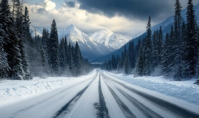 A snowy road with trees in the background