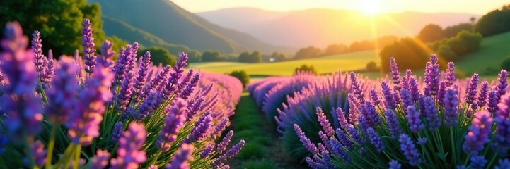 Obraz premium Lavender and greenery in harmony amidst the fading light, serenity, landscape
