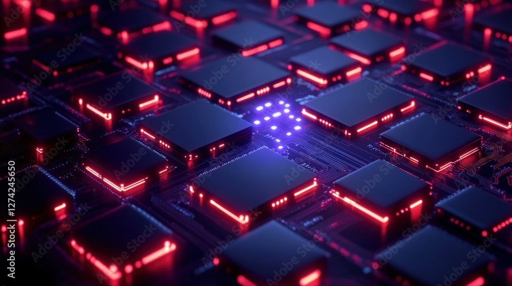 Poster this close-up image showcases an intricate arrangement of microchips illuminated by vibrant red and 