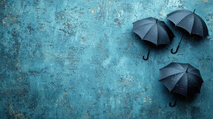 Three Black Umbrellas on a Teal Textured Background