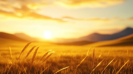Obraz premium A stunning sunset over golden fields, with gentle waves of grass swaying in the breeze. The warm orange and yellow hues of the sky create a serene atmosphere.