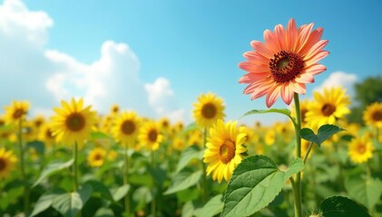 Yellow and pink sunflowers towering above a lush green field, sunflowers, pink