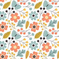 Seamless floral pattern with hand drawn flowers, leaves, berries, and butterflies in soft pastel tones. Perfect for textiles, wallpapers, wrapping paper, and decorative designs.